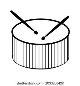 Drum and drumsticks icon. Percussion musical instrument black line symbol isolated on white background. Vector illustration.
