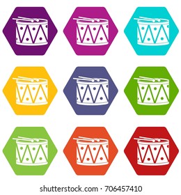 Drum and drumsticks icon set many color hexahedron isolated on white vector illustration