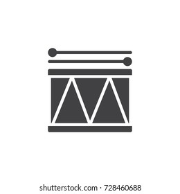 Drum and drumsticks icon vector, filled flat sign, solid pictogram isolated on white. Symbol, logo illustration.