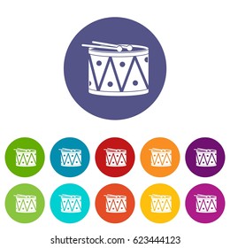 Drum and drumsticks icons set in circle isolated flat vector illustration