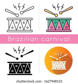 Drum with drumsticks and icons set. Linear, black and RGB color styles. Musical instrument. Brazilian carnival. Festive drum parade. Musical movement. National festival. Isolated vector illustrations