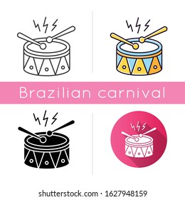 Drum with drumsticks icons set. Linear, black and RGB color styles. Musical instrument. Brazilian carnival. Samba. Festive drum parade. Musical movement. National holiday. Isolated vector illustration