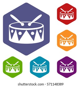 Drum and drumsticks icons set rhombus in different colors isolated on white background