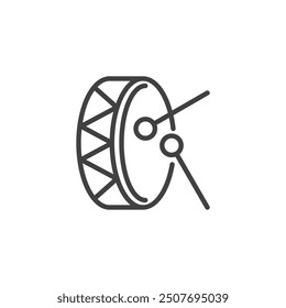 Icono de línea de tambor y baquetas. signo de estilo lineal para concepto móvil y Diseño web. Icono de Vector de contorno de juguete de tambor. Símbolo, ilustración del logotipo. Gráficos de Vector