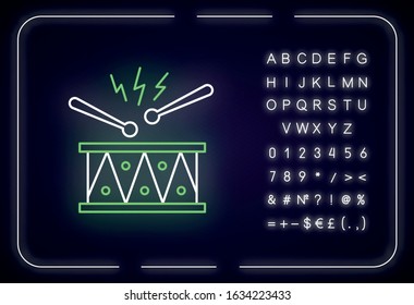 Drum with drumsticks and neon light icon. Musical instrument. Samba. Festive drum parade. Outer glowing effect. Sign with alphabet, numbers and symbols. Vector isolated RGB color illustration