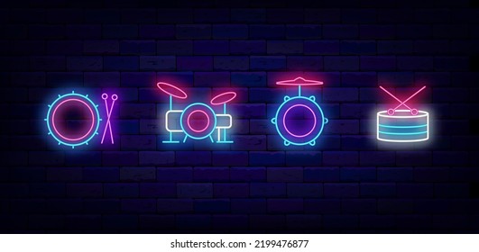 Drum and drumsticks neon signs collection. Drum school logotypes pack. Hard rock musical instrument. Night club logo. Shiny glowing symbols set. Editable stroke. Vector stock illustration