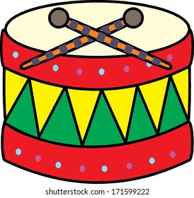 Drum and drumsticks on white isolated background