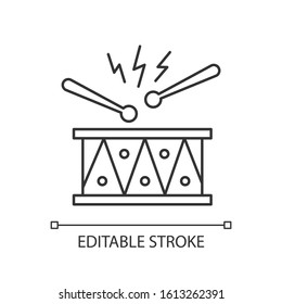 Drum with drumsticks and pixel perfect linear icon. Musical instrument. Brazilian carnival. Thin line customizable illustration. Contour symbol. Vector isolated outline drawing. Editable stroke