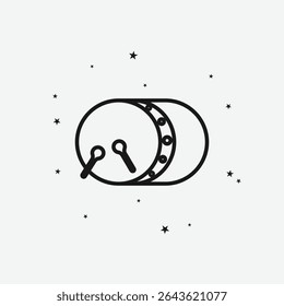 Tambor com baquetas e estrelas dispersas, representando música islâmica ou celebração, ícone de contorno branco
