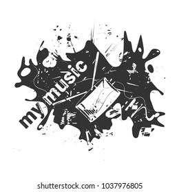 Drum and drumsticks. White object on black background. Grunge vector illustration