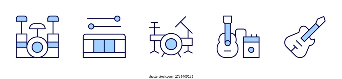 drum, electricguitar, drumset. Instruments Icon vector illustration. Line Duotone style. Editable stroke.
