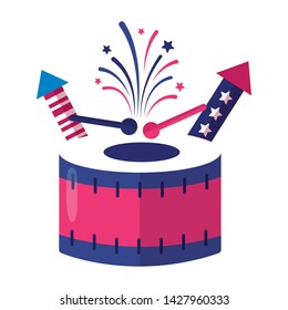 drum and fireworks american happy independence day vector illustration