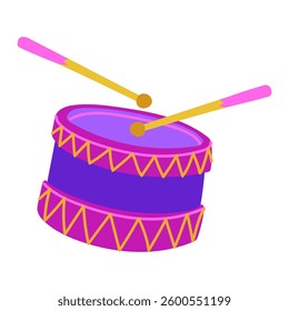 Drum. flat, bright illustration. An isolated musical instrument. It is suitable for decorating musical events, advertising musical goods, educational materials or concert posters. instrument on white