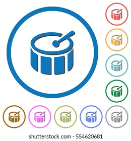 Drum flat color vector icons with shadows in round outlines on white background