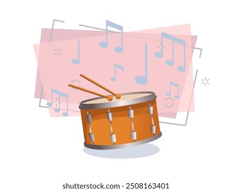 Ilustración plana de tambor. Juguete, percusión, orquesta militar. Concepto de instrumentos musicales. La Ilustración vectorial se puede utilizar para temas como la música, el ocio, la infancia