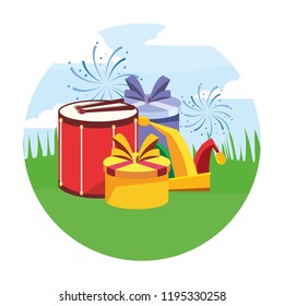 drum gift boxes and jester hat in the field carnival