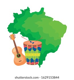 drum and guitar with map of brazil vector illustration design