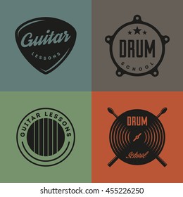 Drum and Guitar school isolated labels, badges, emblems.