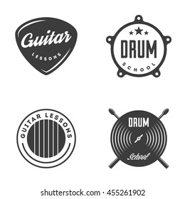 Drum and Guitar school isolated labels, badges, emblems.