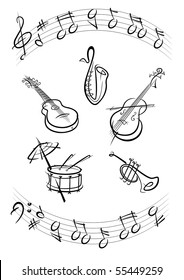 drum, guitar, trumpet, sax, contrabas music instruments black - vector illustration