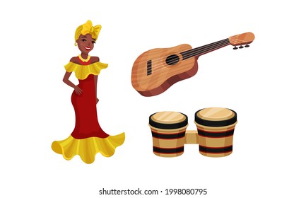 Drum, Guitar and Woman in National Clothing as Cuba Symbols Vector Set