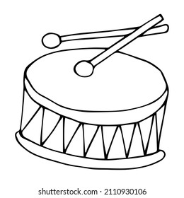 Drum. Hand drawn drum and drum sticks illustration. Drum icon sketch.