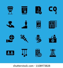 drum, hand holding a heart, microphone, smartphone, newspaper, tablets, news reporter, smartphone and antenna vector icon. Simple icons set
