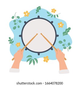 Drum and hands holding drumsticks. Top view. Vector concept in flat and cartoon style