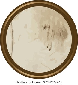Cabeça de tambor close-up com membrana de couro desgastada em borda circular de madeira, grão áspero e detalhes de esboço. Símbolo de ritmo, herança, percussão, artesanato musical e vibração retrô. Ilustração de vetor de desenhos animados.