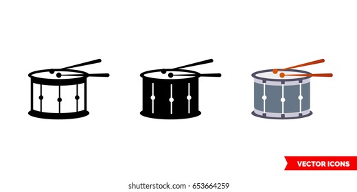 Drum icon of 3 types: color, black and white, outline. Isolated vector sign symbol.