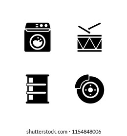 drum icon. 4 drum set with washing machine, barrel, military drum musical instrument and brake vector icons for web and mobile app