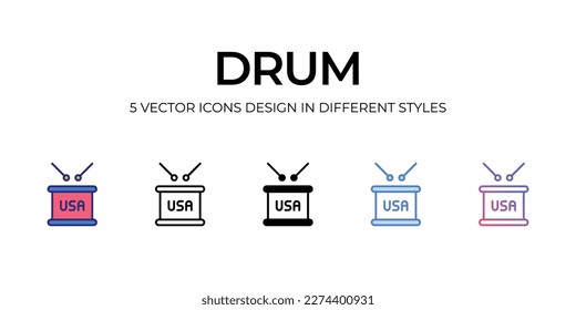 drum Icon Design in Five style with Editable Stroke. Line, Solid, Flat Line, Duo Tone Color, and Color Gradient Line. Suitable for Web Page, Mobile App, UI, UX and GUI design.