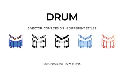 drum Icon Design in Five style with Editable Stroke. Line, Solid, Flat Line, Duo Tone Color, and Color Gradient Line. Suitable for Web Page, Mobile App, UI, UX and GUI design.