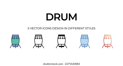 drum Icon Design in Five style with Editable Stroke. Line, Solid, Flat Line, Duo Tone Color, and Color Gradient Line. Suitable for Web Page, Mobile App, UI, UX and GUI design.