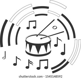 Drum, drum icon with drumsticks, notes and imitation of sound waves. Vector illustration of a drum Isolated on a white background. Vector.