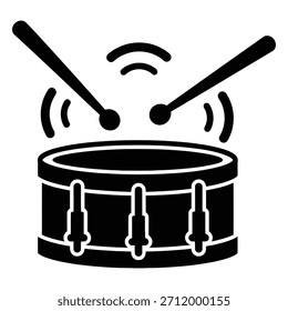 A drum icon featuring drumsticks hitting the percussion instrument, symbolizing musical rhythm and sound. This illustration is suitable for music-related projects or audio applications.