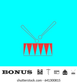Drum icon flat. Red pictogram on blue background. Vector illustration symbol and bonus buttons Music center, corkscrew, credit card, house, drum