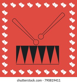Drum icon flat. Simple black pictogram on red background with white hearts for valentines day. Vector illustration symbol
