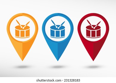 Drum Icon map pointer, vector illustration. Flat design style 