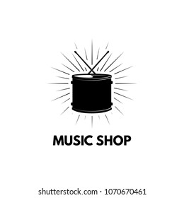 Drum icon. Music shop logo label. Musical instrument, drumming. Vector illustration