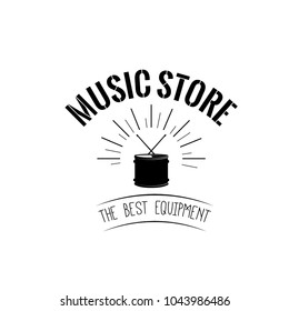 Drum icon. Music store logotype label emblem. Vector illustration. Drum in beams.