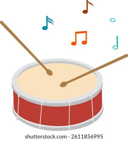 Drum, drum icon with notes, realistic drum isolated on white background. Background image, postcard, vector, vector illustration.