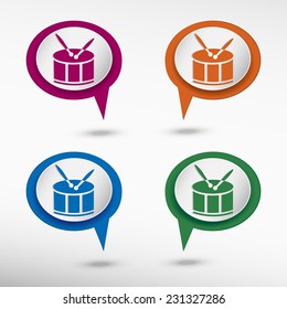 Drum Icon on colorful chat speech bubbles 