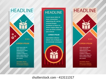 Drum Icon on vertical banner. Modern abstract flyer, banner, brochure design template.