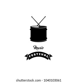 Drum icon with Ribbon. Music festival lettering. Vector illustration isolated on white background.