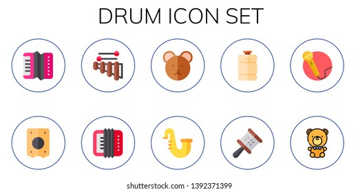 drum icon set. 10 flat drum icons.  Collection Of - accordion, cajon, xylophone, teddy bear, saxophone, beer keg, cabasa, singing