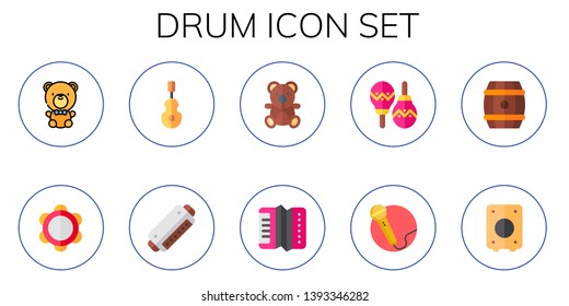 drum icon set. 10 flat drum icons.  Simple modern icons about  - teddy bear, tambourine, instrument, harmonica, accordion, maracas, singing, barrel, cajon