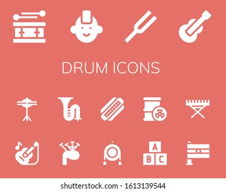 drum icon set. 14 filled drum icons.  Simple modern icons such as: Drum, Punk, Diapason, Guitar, Cymbals, Bagpipes, Trombone, Toy, Harmonica, Barrel, India, Electric piano