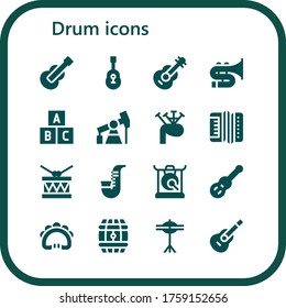 drum icon set. 16 filled drum icons. Included Guitar, Trombone, Toy, Pump jack, Bagpipes, Accordion, Drum, Saxophone, Gong, Tambourine, Barrel, Cymbals icons