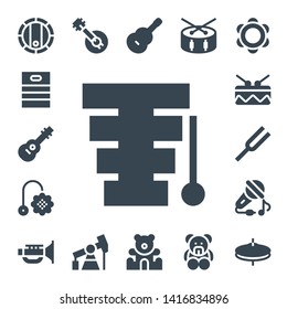 drum icon set. 17 filled drum icons.  Collection Of - Barrel, Guitar, Xylophone, Toy, Drum, Diapason, Sing, Jazz, Banjo, Pump jack, Teddy bear, Tambourine, Cymbals